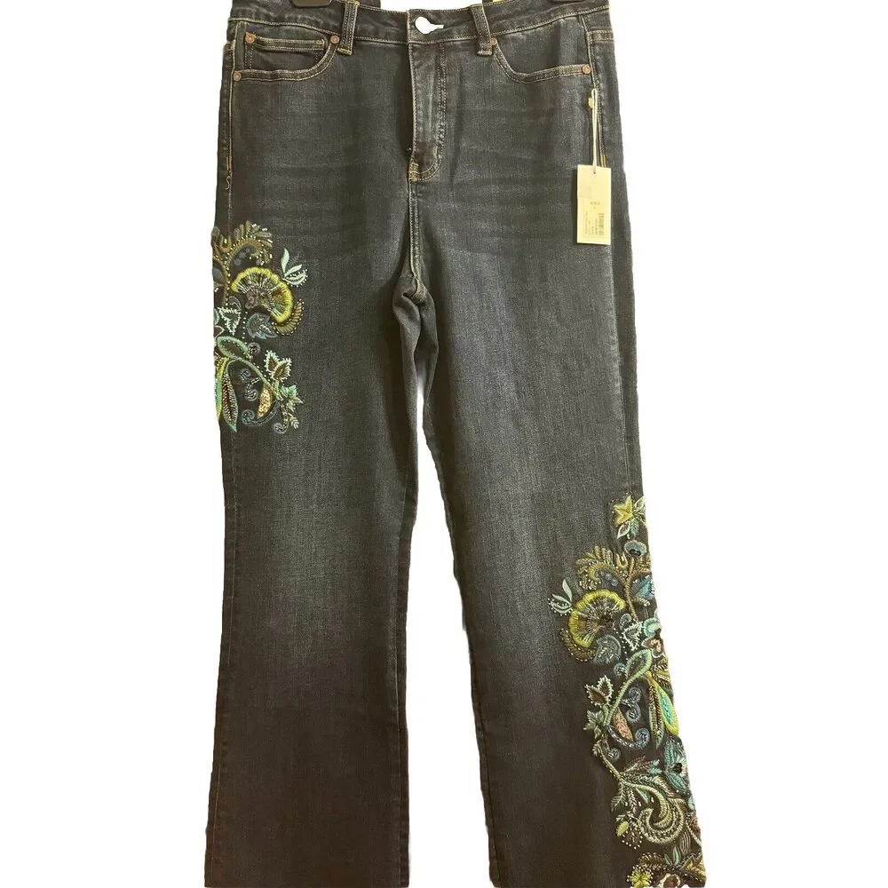 Soft Surroundings Women's Boot Cut Jeans - Black with Colorful Embroidery - Picture 3 of 11